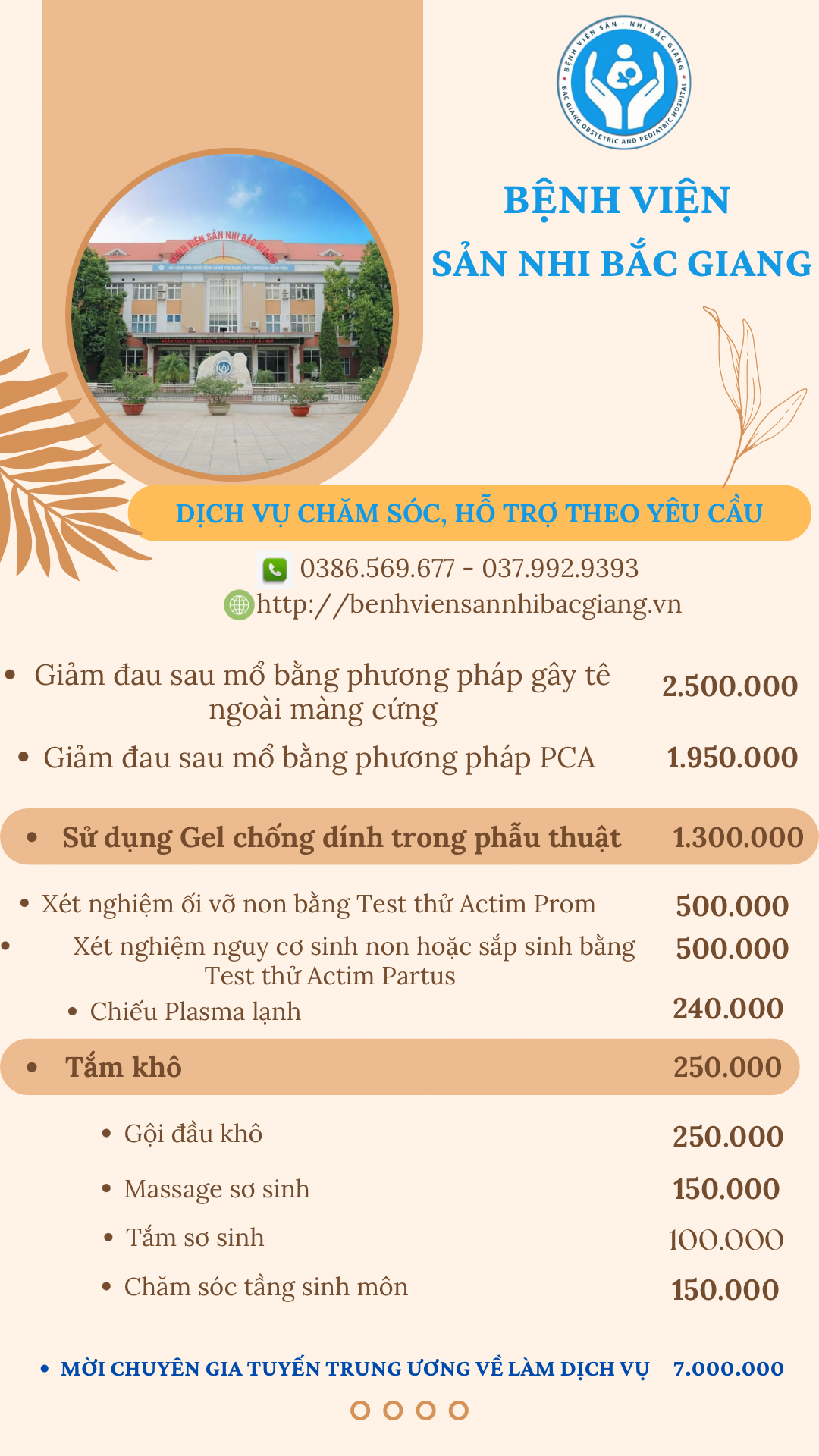 Một số Dịch vụ chăm sóc, hỗ trợ theo yêu cầu tại Bệnh viện Sản Nhi Bắc Giang