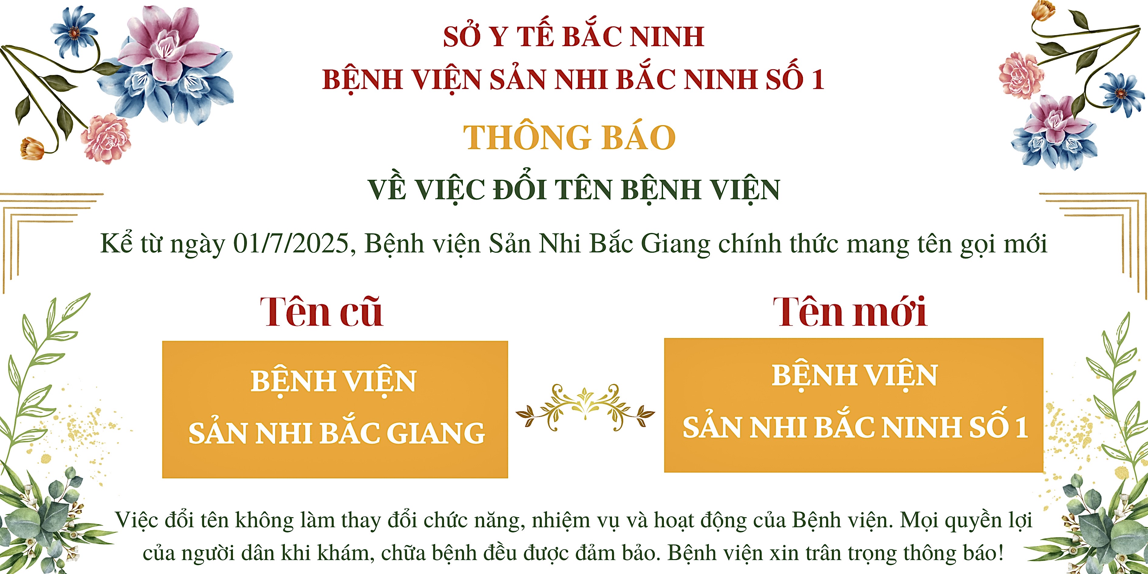 Thông báo về việc đổi tên từ Bệnh viện Sản Nhi Bắc Giang thành Bệnh viện Sản Nhi Bắc Ninh Số 1