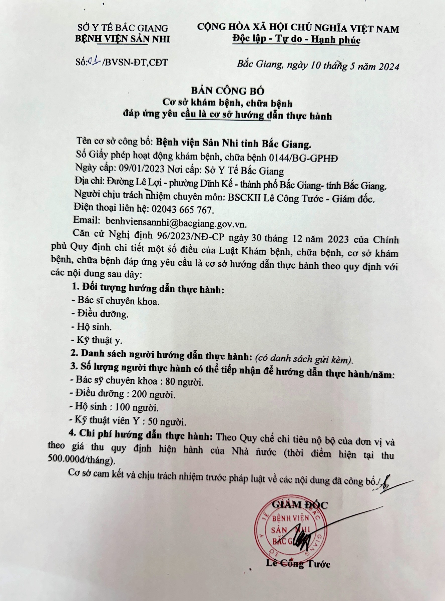BẢN CÔNG BỐ Cơ sở khám bệnh, chữa bệnh  đáp ứng yêu cầu là cơ sở hướng dẫn thực hành