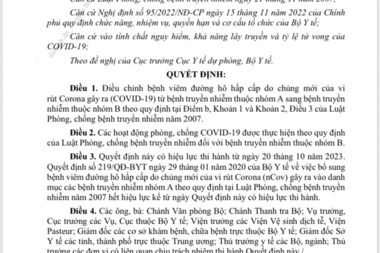 ĐIỀU CHỈNH COVID-19 TỪ BỆNH TRUYỀN NHIỄM THUỘC NHÓM A SANG BỆNH TRUYỀN NHIỄM THUỘC NHÓM B