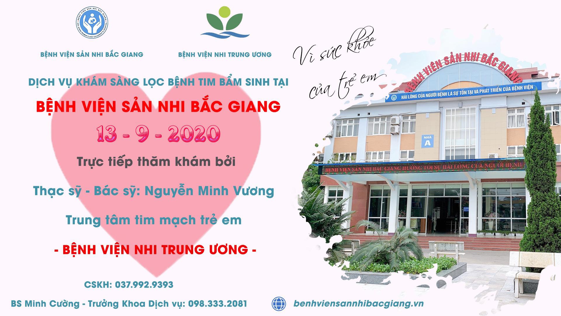 THÔNG BÁO LỊCH KHÁM SÀNG LỌC BỆNH TIM BẨM SINH VỚI CHUYÊN GIA ĐẦU NGÀNH TUYẾN TRUNG ƯƠNG TẠI BỆNH VIỆN SẢN NHI BẮC GIANG THÁNG 9/2020