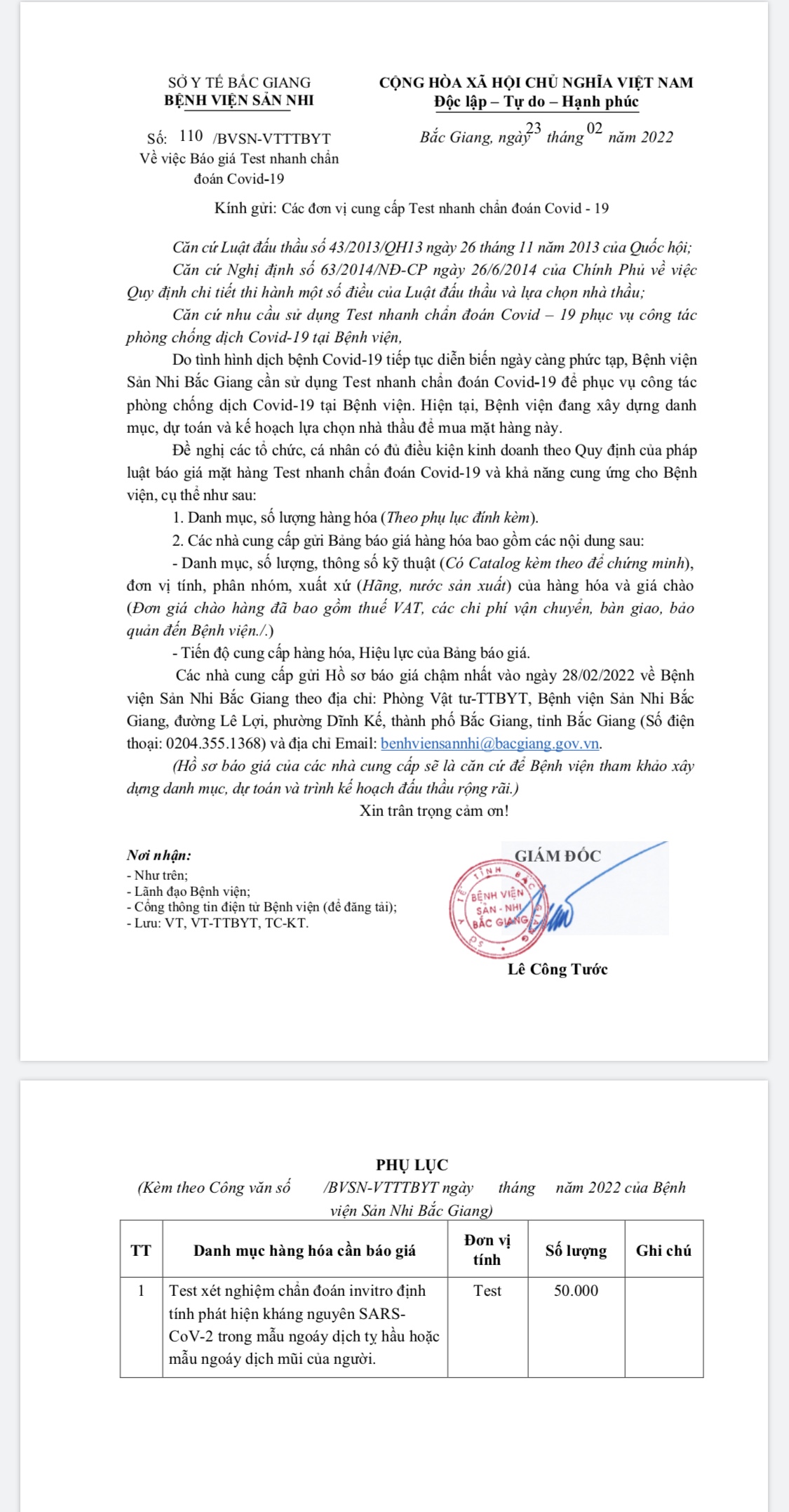 Đề nghị báo giá Test nhanh kháng nguyên vi-rút SARS-CoV-2