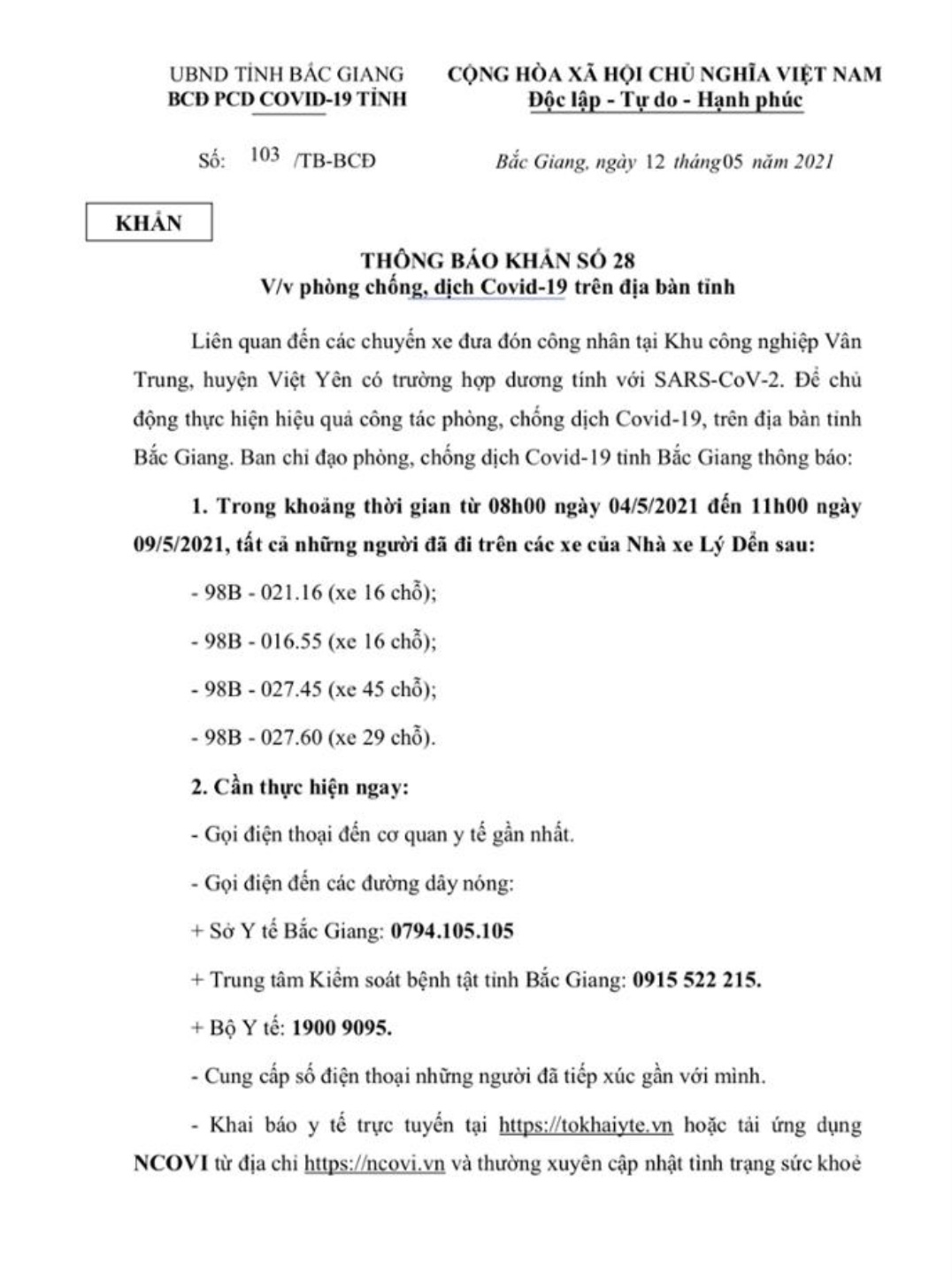 THÔNG BÁO KHẨN SỐ 28 VỀ VIỆC PHÒNG CHỐNG, DỊCH COVID-19