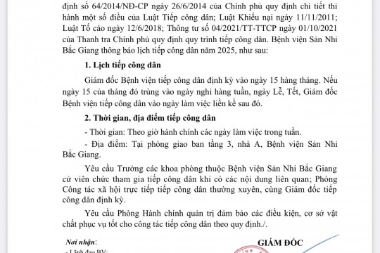 Bệnh viện Sản Nhi Bắc Giang thông báo Lịch Tiếp công dân năm 2025