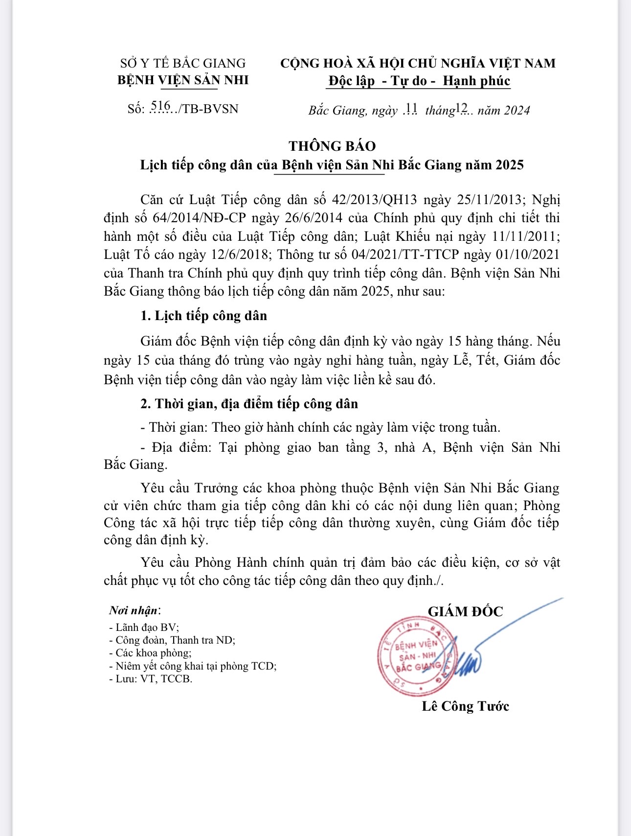 Bệnh viện Sản Nhi Bắc Giang thông báo Lịch Tiếp công dân năm 2025