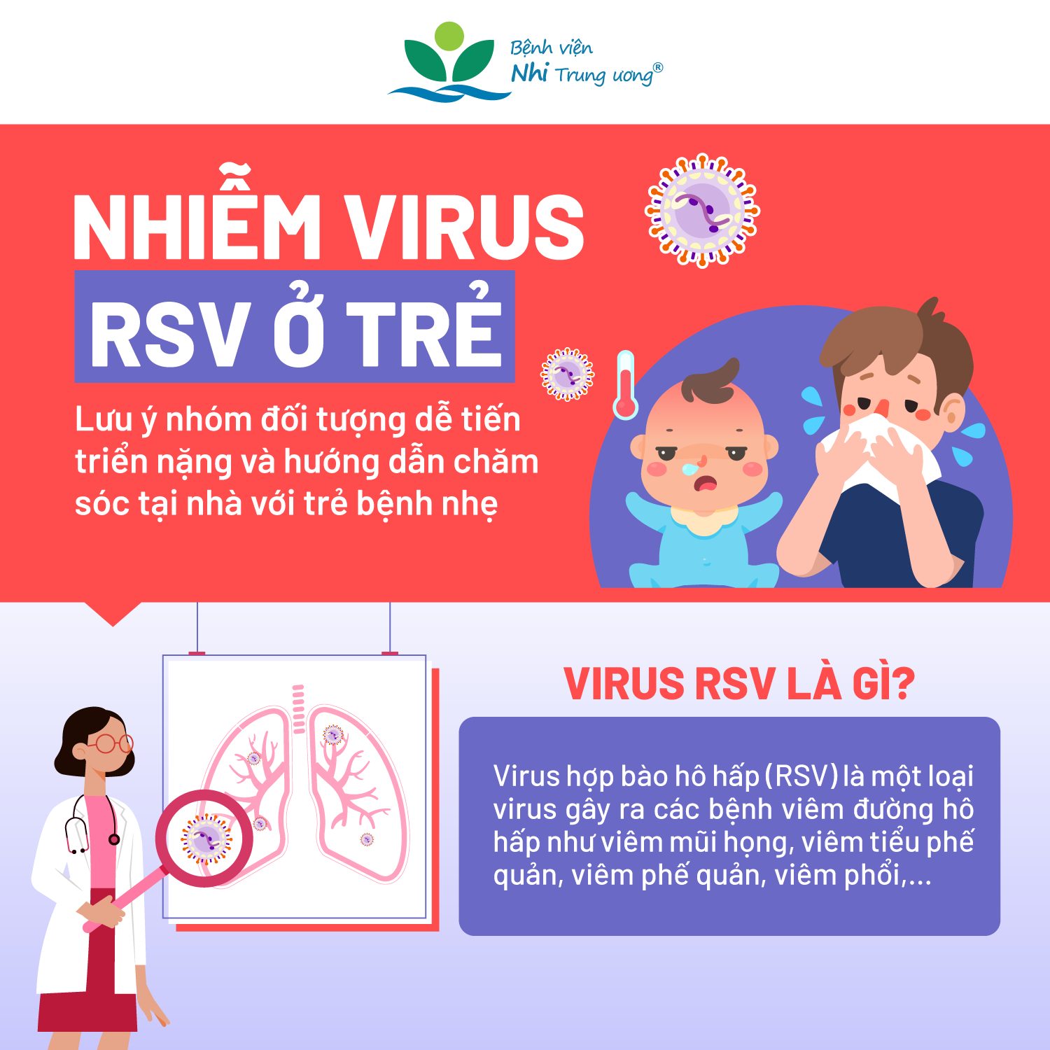 NHIỄM VIRUS RSV Ở TRẺ: LƯU Ý NHÓM ĐỐI TƯỢNG DỄ TIẾN TRIỂN NẶNG VÀ HƯỚNG DẪN CHĂM SÓC TẠI NHÀ ĐỐI VỚI TRẺ BỆNH NHẸ