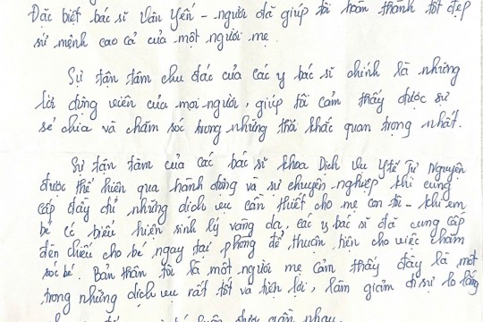 Bức thư tay cảm ơn của bệnh nhân