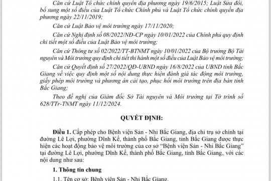 GIẤY PHÉP MÔI TRƯỜNG CỦA BỆNH VIỆN SẢN NHI BẮC GIANG