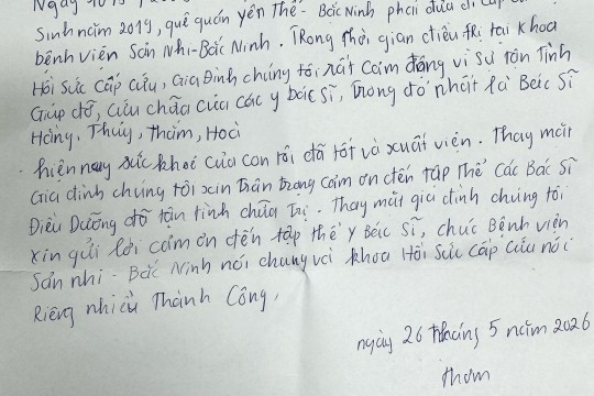 Bức thư tay cảm ơn của bệnh nhân