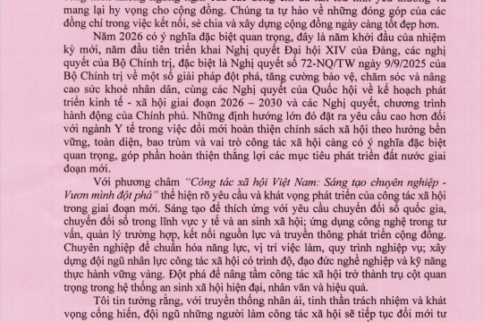Thư chúc mừng nhân dịp Kỷ niệm 10 năm Ngày Công tác xã hội Việt Nam (25/3/2016 – 25/3/2026) của Bộ trưởng Bộ Y tế