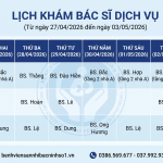 LỊCH KHÁM BÁC SĨ DỊCH VỤ (Từ ngày 27/04/2026 đến ngày 03/05/2026)