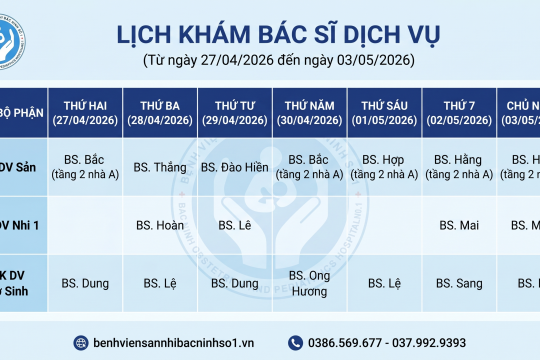 LỊCH KHÁM BÁC SĨ DỊCH VỤ (Từ ngày 27/04/2026 đến ngày 03/05/2026)