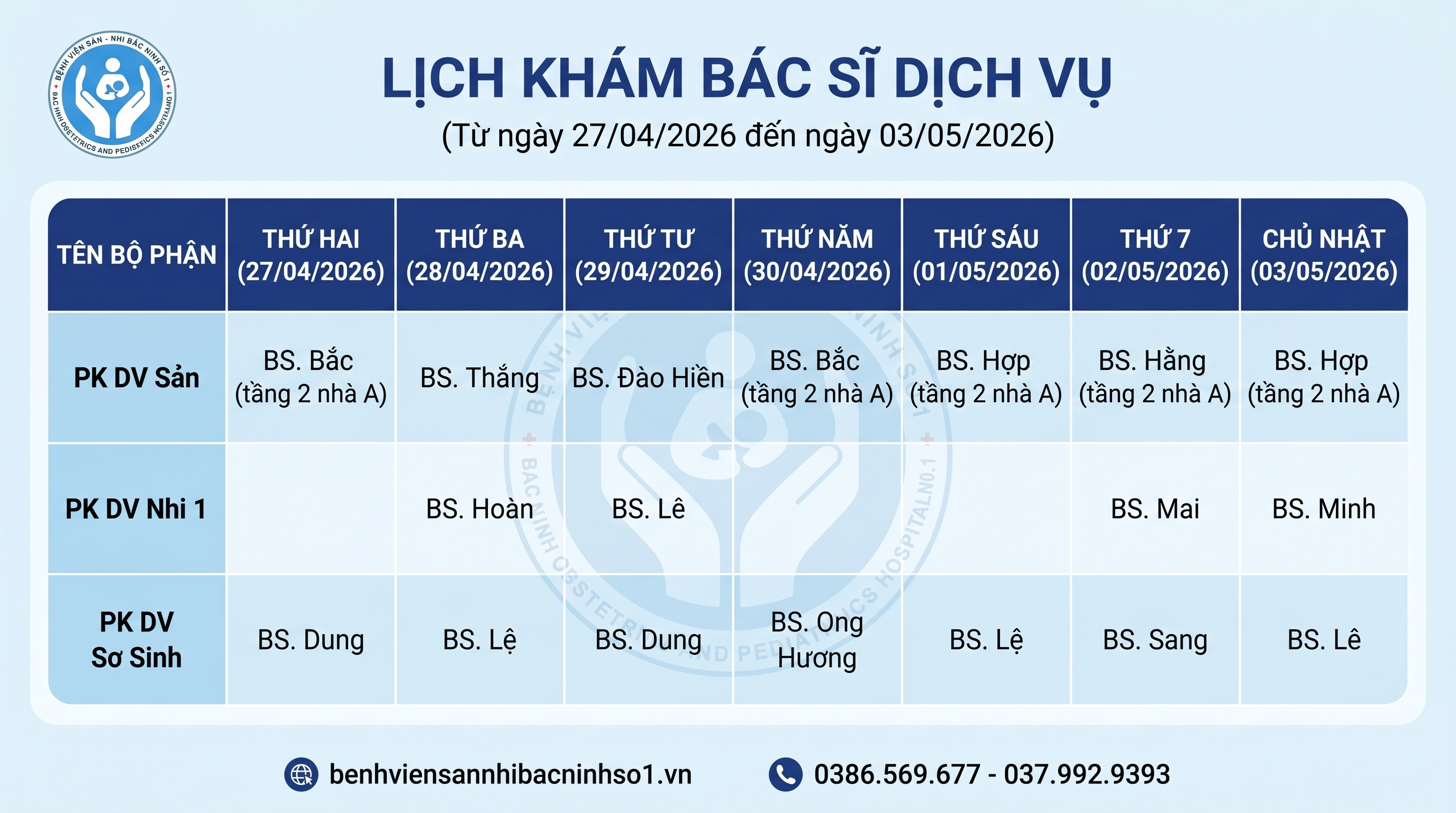 LỊCH KHÁM BÁC SĨ DỊCH VỤ (Từ ngày 27/04/2026 đến ngày 03/05/2026)