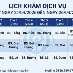 Lịch khám dịch vụ từ ngày 20/04/2026 đến ngày 26/04/2026