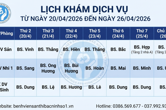 Lịch khám dịch vụ từ ngày 20/04/2026 đến ngày 26/04/2026