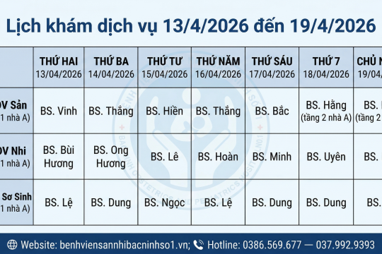 Lịch khám dịch vụ từ 13/4/2026 đến 19/4/2026