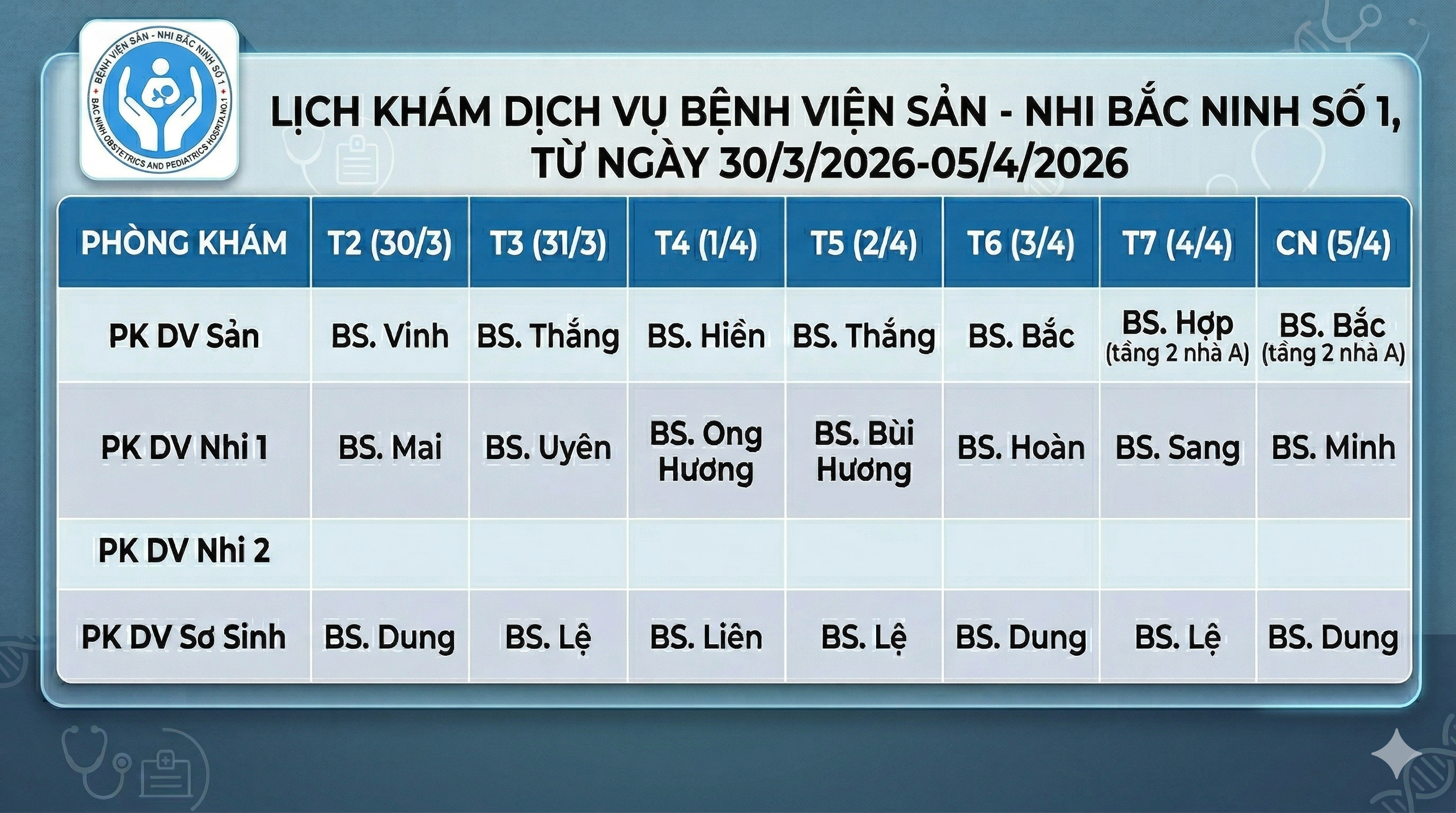 Lịch khám DV tuần 1 tháng 4.2026