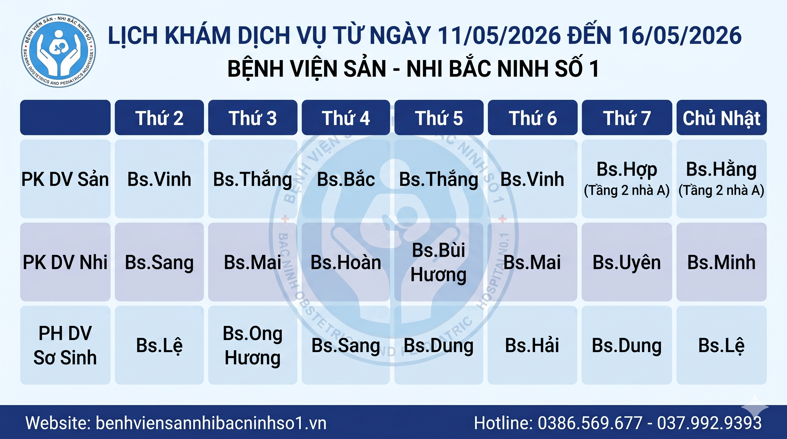 Lịch Khám bệnh theo yêu cầu tại Bệnh viện Sản Nhi Bắc Ninh Số 1 từ ngày 11/5/2026 - 16/5/2026