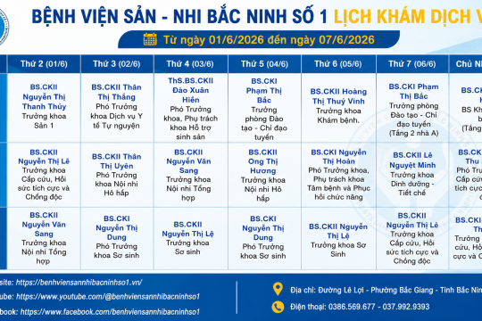 LỊCH KHÁM DỊCH VỤ Từ ngày 01/6/2026 đến ngày 07/6/2026