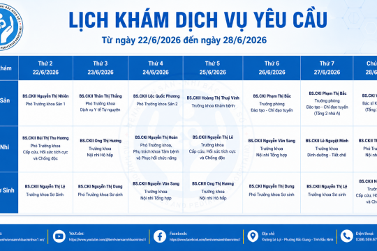 LỊCH KHÁM DỊCH VỤ YÊU CẦU Từ ngày 22/6/2026 đến ngày 28/6/2026