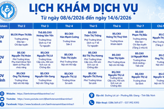 LỊCH KHÁM DỊCH VỤ Từ ngày 08/6/2026 đến ngày 14/6/2026
