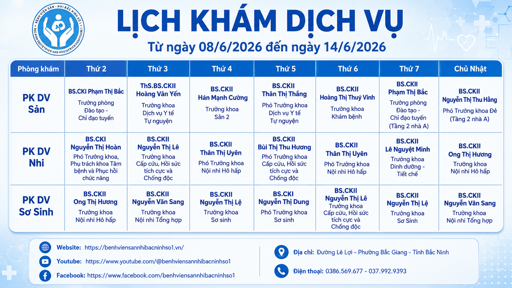Lịch khám dịch vụ 8.6-14.6