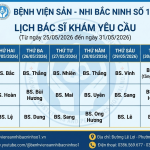 LỊCH BÁC SĨ KHÁM YÊU CẦU (Từ ngày 25/05/2026 đến ngày 31/05/2026)