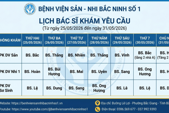 LỊCH BÁC SĨ KHÁM YÊU CẦU (Từ ngày 25/05/2026 đến ngày 31/05/2026)