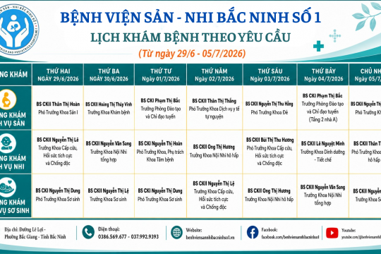 Lịch Khám bệnh theo yêu cầu tại Bệnh viện Sản - Nhi Bắc Ninh Số 1 từ ngày 29/6/2026 - 05/7/2026